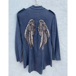Womens Long Sleeve Italian Military Style Sequins Angel Wings Shirt Top Blue M